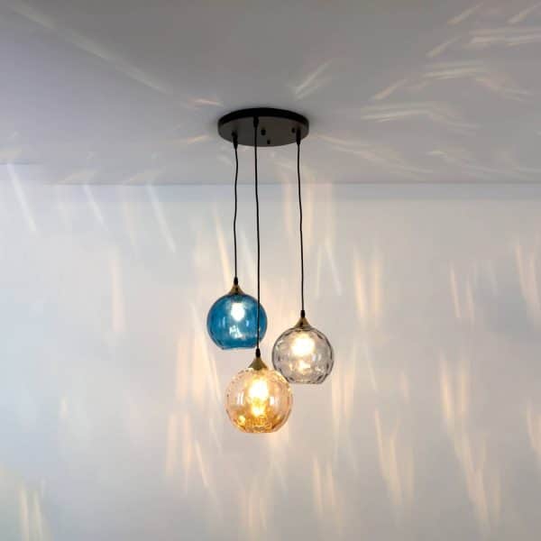 La Spezia hængelampe, glas rav/blå/røg, 3 lysk.
