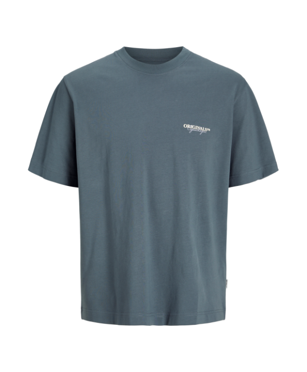 Jack & Jones Junior T-shirt i Stormy blå med print på ryggen til drenge