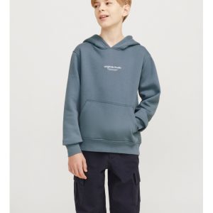 Jack & Jones Junior hoodie i Stormy blå med tekst print til drenge