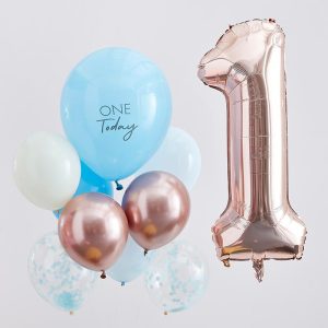 1 Års Ballonbuket Rosaguld/Blå