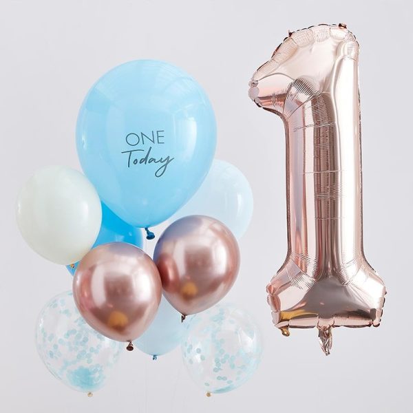 1 Års Ballonbuket Rosaguld/Blå