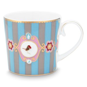 Pip Studio porcelæn Love Birds lille stribet krus blå/khaki - 150 ml