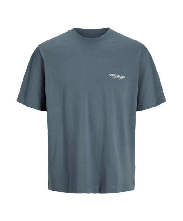 Jack & Jones Junior T-shirt i Stormy blå med print på ryggen til drenge