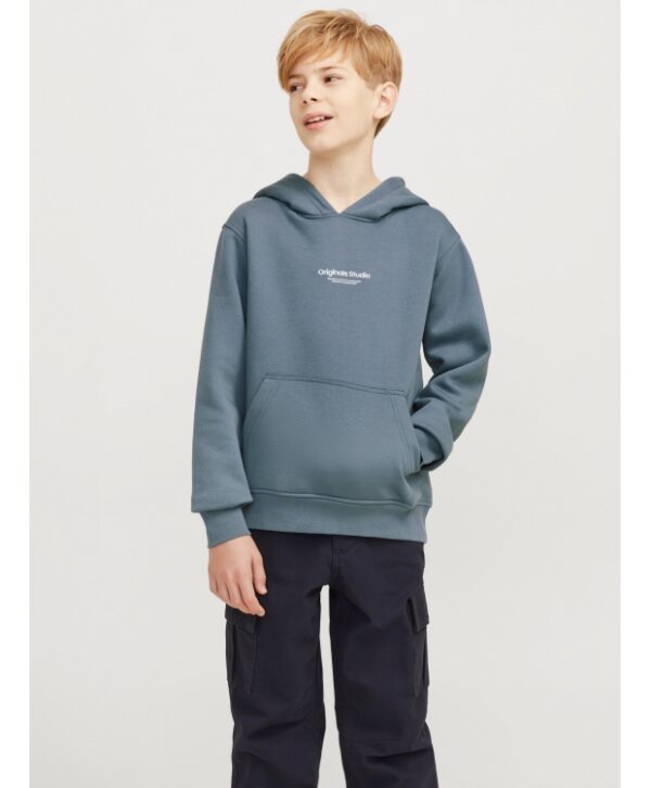 Jack & Jones Junior hoodie i Stormy blå med tekst print til drenge