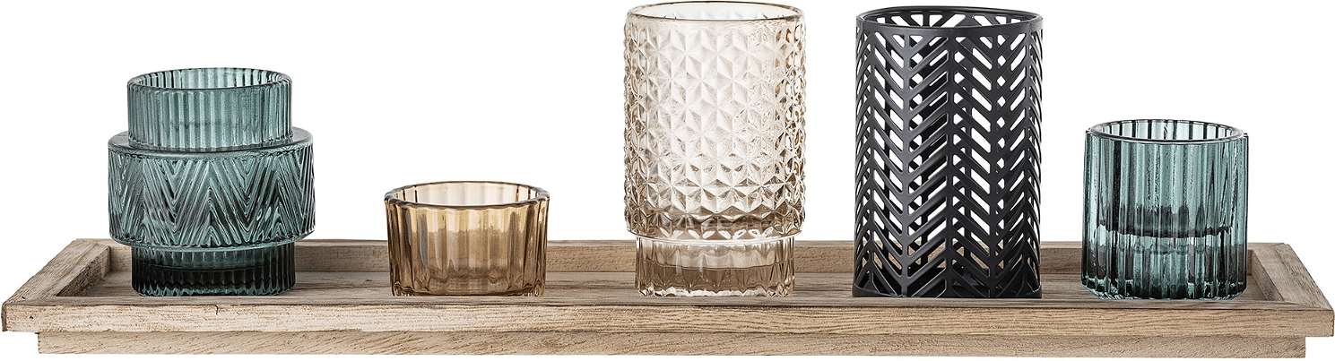 Dekorationsbakke Bloomingville Sanga med 5 glasfadsstager i blå sprayfarvet glas 43x12,5x10,5 cm