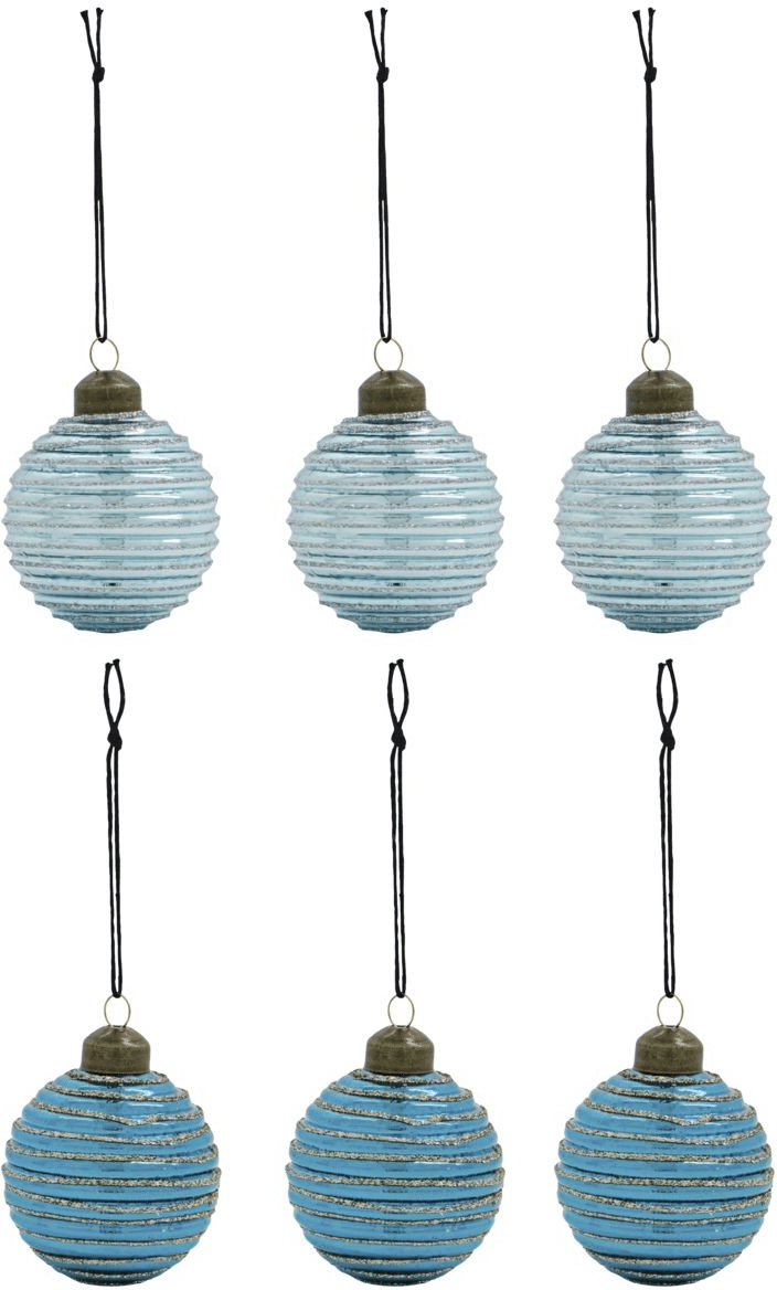 Julekugler House Doctor Lolli sæt 6 rillede ornamenter i blå glas og metal Ø6 cm