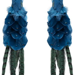 Julepynt Bloomingville Payton blå fugledekoration med fjer & glimmer H57 x B14 cm