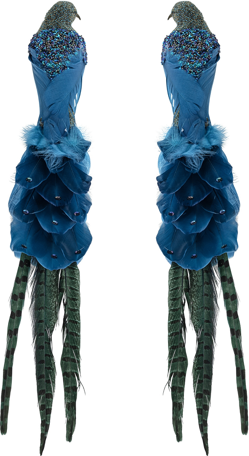 Julepynt Bloomingville Payton blå fugledekoration med fjer & glimmer H57 x B14 cm