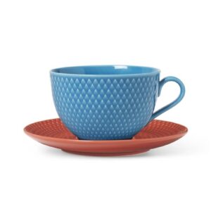 Lyngby Porcelæn Rhombe Color Tekop m. underkop 39 cl blå/terracotta