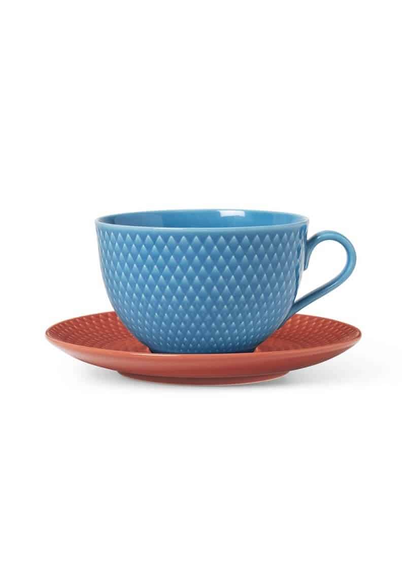 Lyngby Porcelæn Rhombe Color Tekop m. underkop 39 cl blå/terracotta