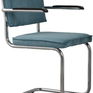 Spisebordsstol med armlæn Zuiver Ridge i blå ribbet polyesterstof med kromstel