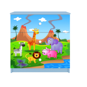 Babydreams børnekommode med safari dyr, m. 3 skuffer - hvid og blå laminat