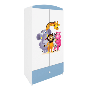 Babydreams garderobeskab til børn med Zoo dyr, m. 2 låger, 1 skuffe - hvid og blå laminat