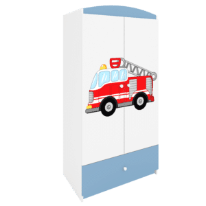 Babydreams garderobeskab til børn med brandbil, m. 2 låger, 1 skuffe - hvid og blå laminat