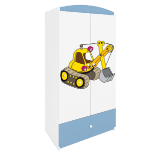 Babydreams garderobeskab til børn med gravemaskine, m. 2 låger, 1 skuffe - hvid og blå laminat