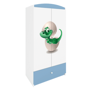 Babydreams garderobeskab til børn med lille dino, m. 2 låger, 1 skuffe - hvid og blå laminat