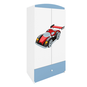 Babydreams garderobeskab til børn med racerbil, m. 2 låger, 1 skuffe - hvid og blå laminat