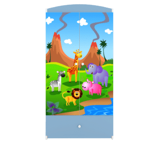 Babydreams garderobeskab til børn med safari dyr, m. 2 låger, 1 skuffe - hvid og blå laminat