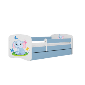 Babydreams juniorseng med elefant, m. madras, sengehest, skuffe - hvid og blå laminat (160x80)