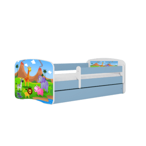 Babydreams juniorseng med safari dyr, m. madras, sengehest, skuffe - hvid og blå laminat (140x70)