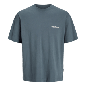 Jack & Jones Junior T-shirt i Stormy blå med print på ryggen til drenge