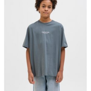 Jack & Jones Junior T-shirt i Stormy blå med tekst print til drenge