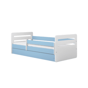 Tomi juniorseng, m. madras, sengehest, skuffe - hvid og blå spånplade og MDF (140x80)