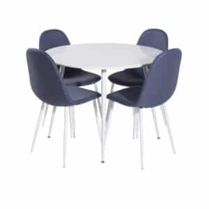 VENTURE DESIGN Plaza spisebordssæt, m. 4 stole - hvid MDF/hvid metal og blå stof/hvid metal