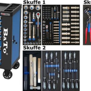 BATO Værktøjsvogn med 7 skuffer og endeskab. 157 dele værktøj i 3 skuffer. Model 9132-157 blå